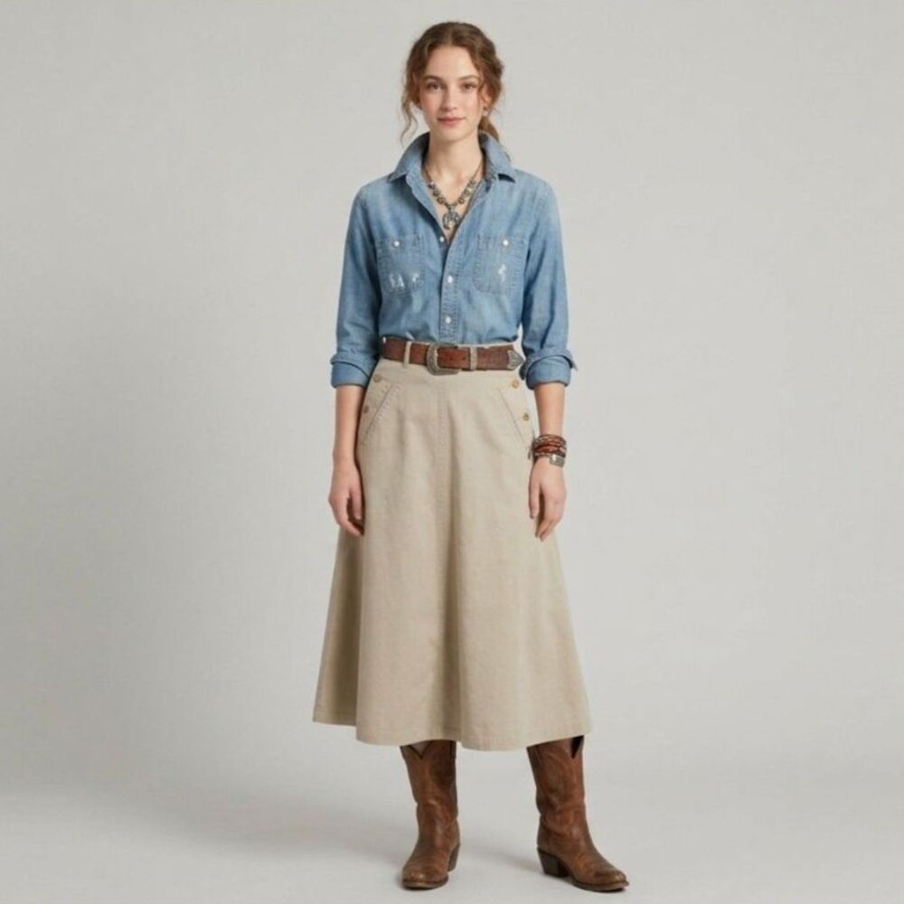 VTG 90s Ralph Lauren Country A-Line Midi Skirt 2 XS Cotton USA Made Western